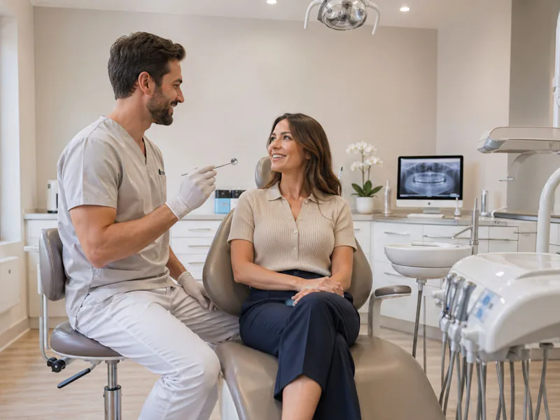Dentist and a patient chatting and smiling in a bright, modern treatment room